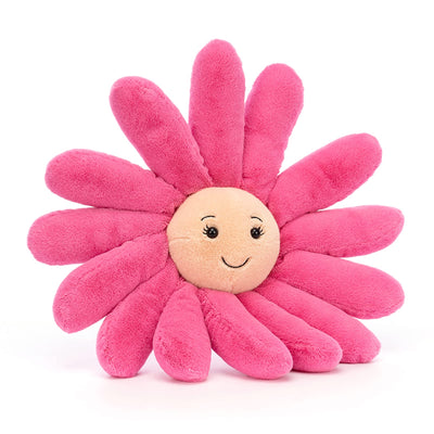 Pink plush flower toy with a smiling face on a white background
