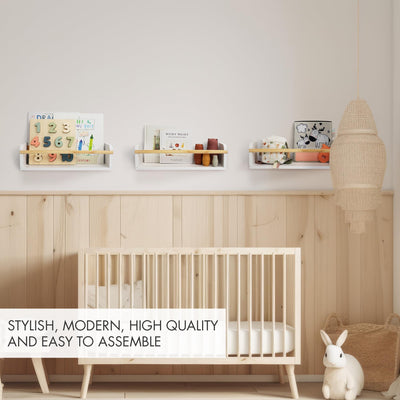 Decorative Nursery Bookshelves for Kids - Set of 3 Easy to Install Floating Shelves for Wall Mount - Beautiful Hanging Organizer Furniture for Your Baby Boy or Girl's Bedroom and Play Room Decor