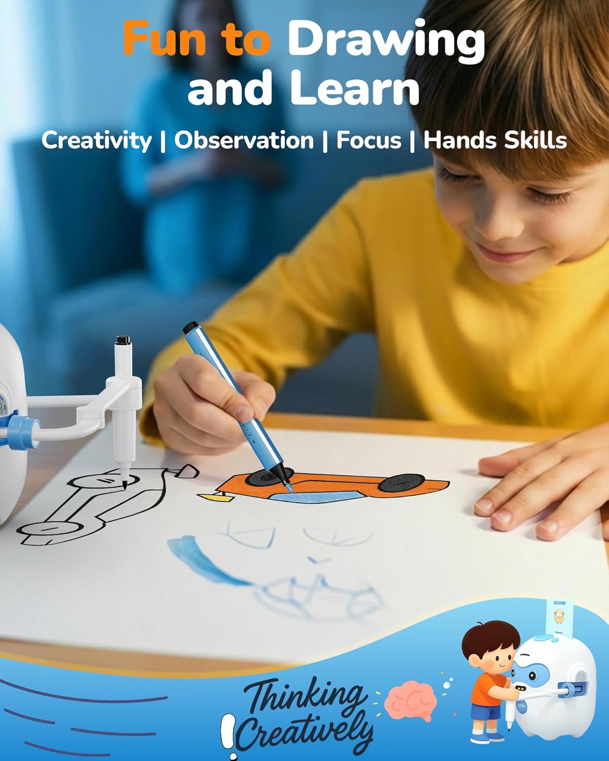 QIBOX Drawing Robot for Kids, 4-in-1 Draw/Learn/Spell/Music Interactive Educational Robot Drawing Machine with 100 Cards & 12 Color Pens,Learning Toys for 3 4 5 6 7 8 Year Old Boys Girls Birthday Xmas