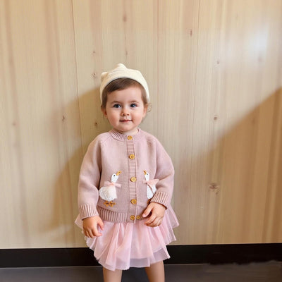 DovFanny Baby Toddler Girl Cardigan Warm Sweater Floral Long Sleeve Jumpers Coats Knitted Clothes with Cute Goose