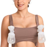 MOMANDA Hands Free Pumping Bra for Breastfeeding Wireless Sports Pumping and Nursing Bra in One with Wide Velcro Straps Brown Purple Medium