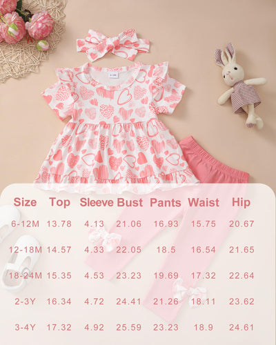 Kucnuzki Baby Girl Outfits 12 18 Months Toddler Girl Clothes Summer Ruffle Short Sleeve Floral Crewneck Shirt Tops Pink Leggings Pants 3-Piece Clothing Set