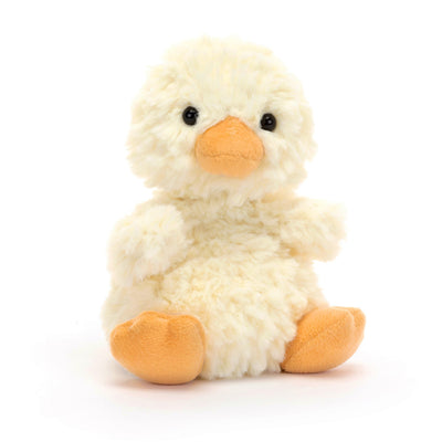 Plush toy duck with a white body and orange feet and beak on a white background