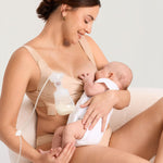 MOMANDA Hands Free Pumping Bra for Breastfeeding Wireless Sports Pumping and Nursing Bra in One with Wide Velcro Straps Beige Large