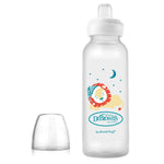 Clear baby bottle with lion design and Dr. Brown's logo on a white background