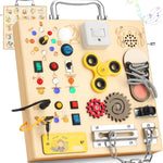 Wooden educational board with various interactive components on a white background
