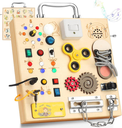 Wooden educational board with various interactive components on a white background