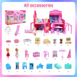 BRAITEN Doll House, with 4 Rooms, 2 Dolls, Toy Furniture Accessories, Pet Play Area，Slide Dollhouse Dlayset, Dollapsible Portable Playhouse with Lights for Little Girls