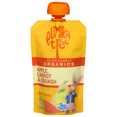 Yellow Peter Rabbit Organics puree pouch with orange lid on a white background
