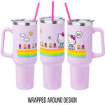 Silver Buffalo Sanrio Hello Kitty Spring and Summer Flowers Rainbow Stripes Stainless Steel Tumbler with Handle and Straw, Fits in Standard Cup Holder, 40 Ounces