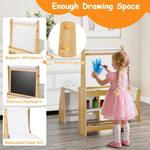 Costzon Kids Art Table and Chair Set, 4 in 1 Wooden Easel Activity Desk Set w/Whiteboard, Blackboard, Paper Roll, 2 Open Shelves & 2-Tier Bookshelf, Toddler Table and Chair for Drawing (Natural)