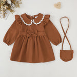 Kucnuzki 12-18 Month Girl Clothes Baby Girl Solid Color Outfit Long Sleeve Zip Up Dress Brown Collared Fall Winter Toddler Girls Plain Dresses with Cute Bag