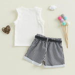 FOCUSNORM Toddler Baby Girl Summer Clothes Solid Sleeveless Ruffle Tank Top and Striped Short Set Newborn Infant Girl Outfits (Stripe White, 2-3T)