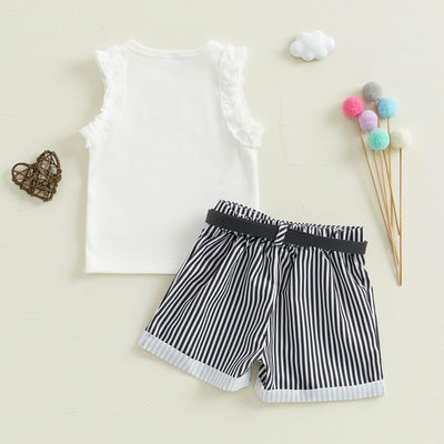 FOCUSNORM Toddler Baby Girl Summer Clothes Solid Sleeveless Ruffle Tank Top and Striped Short Set Newborn Infant Girl Outfits (Stripe White, 2-3T)