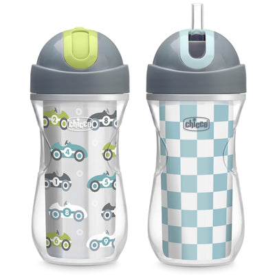 Two children's sippy cups with different designs on a white background