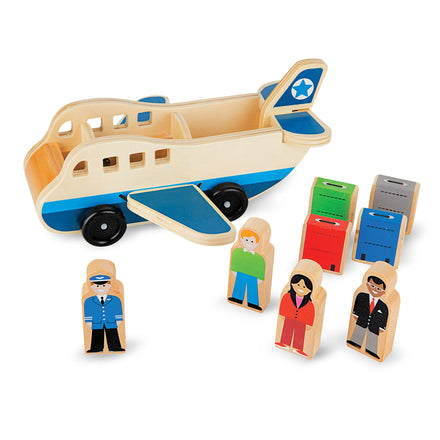 Wooden toy airplane with passengers on a white background