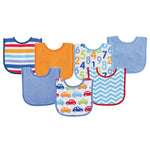 Set of colorful baby bibs with various patterns on a white background