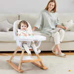 BABY JOY 3 in 1 High Chair, Baby Eat & Grow Convertible Wooden High Chair/Rocking Chair/Booster Seat/Toddler Chair, Infant Dining Chairs w/Double Removable Tray, 5-Point Seat Belt & PU Cushion, Beige