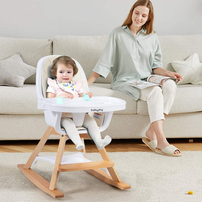 BABY JOY 3 in 1 High Chair, Baby Eat & Grow Convertible Wooden High Chair/Rocking Chair/Booster Seat/Toddler Chair, Infant Dining Chairs w/Double Removable Tray, 5-Point Seat Belt & PU Cushion, Beige