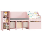 HOSTACK 67" Kids Reading Nook with Bench, Kids Bookshelf and Bookcase with Seat Cushion and 6 Storage Cubbies, Toy Storage Box on Wheels, Toy Chest for Playroom, Bedroom, School, Pink