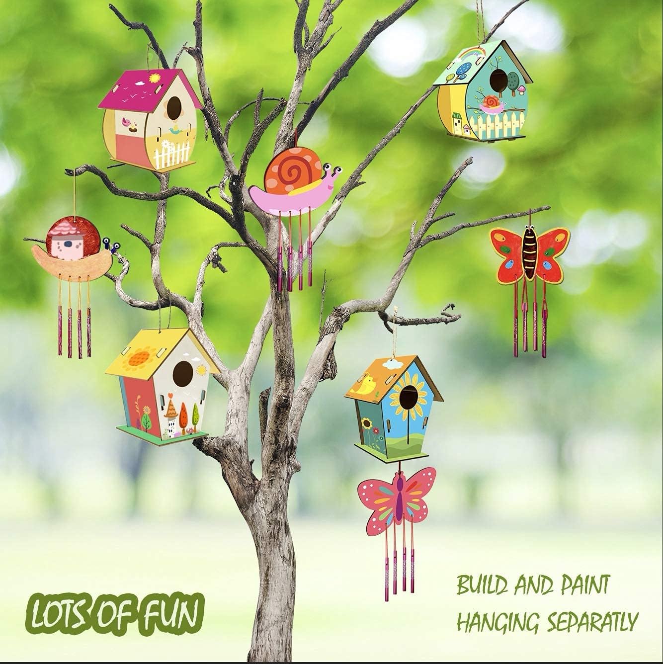 4 Pack DIY Bird House Wind Chime Kits for Children to Build and Paint, Wooden Arts and Crafts for Kids Girls Boys Toddlers Ages 8-12 4-6 6-8