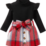 fhutpw Baby Toddler Girl Outfits Fall Winter Clothes Turtleneck Knitted Cotton Long Sleeves Tops & Button Mini Skirts Set