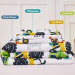 PERFEMET 4-Piece Toddler Bedding Set - Colorful Car Printed Toddler Comforter Set for Boys, Reversible Fluffy Toddler Bed Set for Baby Bedroom (White, Car Pattern)