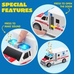 JOYIN 4 Packs Emergency Vehicle Toy Playsets, Friction Powered Vehicles with Light and Sound, Including Fire Truck, Ambulance, Play Police Car and Helicopter, Toddler Kids Boys Gifts