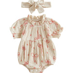 Newborn Baby Girl Cotton Linen Bubble Romper Summer Clothes Vintage Ruffle Short Sleeve Onesie Bodysuits Outfit (Khaki, 0-3 Months)