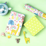 WRAPAHOLIC Reversible Baby Shower Wrapping Paper - Mini Roll - 17 Inch x 33 Feet - Animals & New Baby Design for Neutral Baby Shower, Boys Girls Kids Birthday