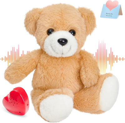 Plush teddy bear with a heart-shaped speaker and sound wave graphics on a white background