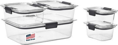 Set of clear food storage containers with black lids on a white background, featuring 'Made in USA' label.