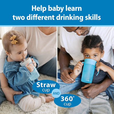 Dr. Brown's Milestones Straw to 360 Convertible Toddler Training Cup Set, 10 oz/300 mL, Interchangeable Silicone Straw and 360 Lids, Blue Green Ocean, BPA-Free, 9m+, 4-Pack