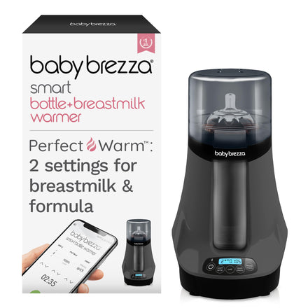 Baby Brezza smart bottle and breastmilk warmer with packaging on a white background