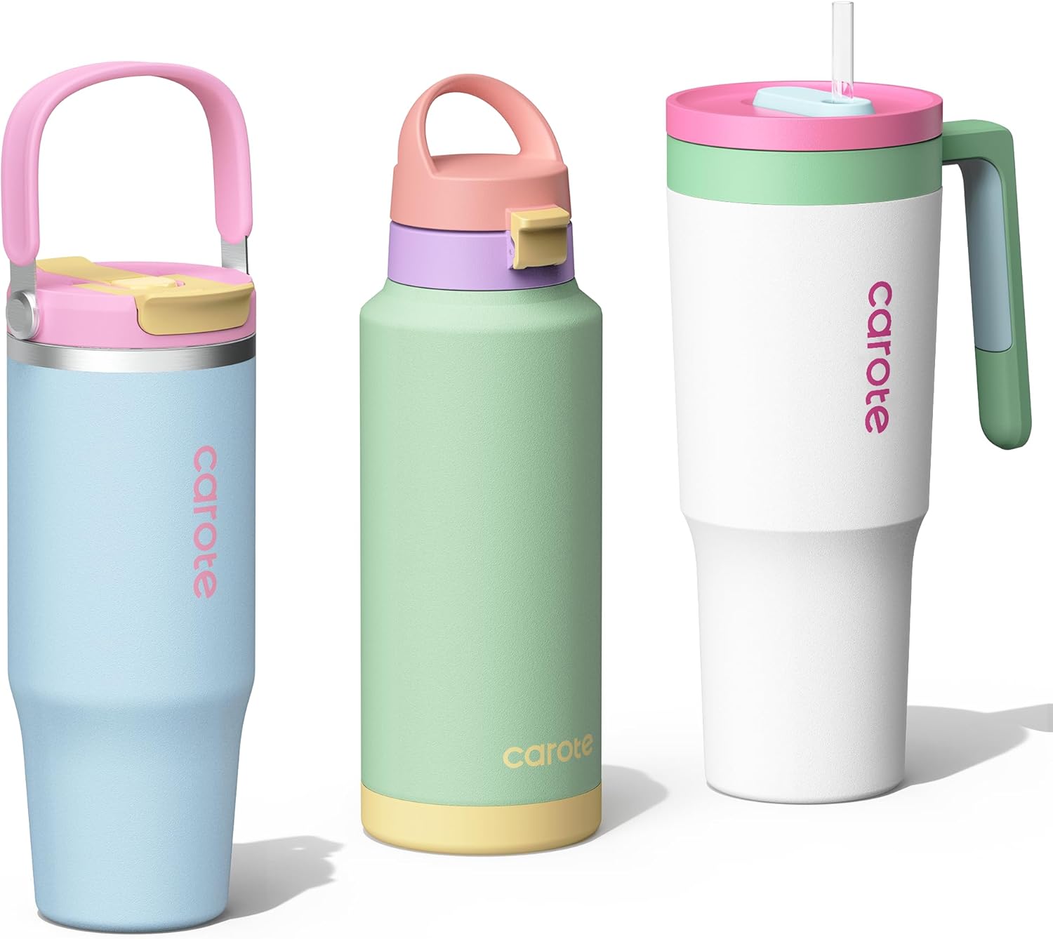 CAROTE 3-Pack Insulated Stainless Steel Water Bottles with Upgraded Leakproof Tech, Car Holder Fit & Scratch-Resistant, 32/32/40 oz Travel Straw Tumblers Set for Home/Car/Outdoor (Macaron)