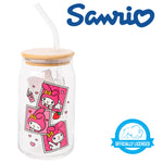 Silver Buffalo Sanrio Hello Kitty and Friends My Melody Polaroids Glass Jar Tumbler with Bamboo Lid and Glass Straw, 16 Ounces