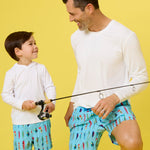 RUGGEDBUTTS Boys UPF50+ Stretch Swim Trunks - Gone Fishin, 3-6m Blue