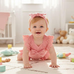 Renotemy Newborn Infant Baby Girl Clothes 0-3 Months Baby Girl Summer Outfit Infant Cotton Linen Romper Coming Home Newborn Essentials Outfits Gifts Pink Lace Sleeve Bodysuit Jumpsuit with Headband
