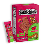 Snakkidz strawberry snack bar packaging with a cartoon squirrel on a white background