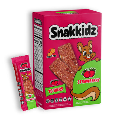 Snakkidz strawberry snack bar packaging with a cartoon squirrel on a white background