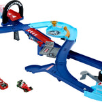 Mattel Disney and Pixar Cars Playset with 2 Toy Cars, Lightning McQueen & Francesco Bernoulli, GRC Jumping Raceway Track Set with Booster