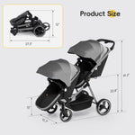 MU Double Stroller, Foldable Twin Tandem Stroller with Adjustable Backrest, Reversible Seat, 5-Point Harness, Storage Basket, Convertible Baby Bassinet for Infant and Toddler, Gray