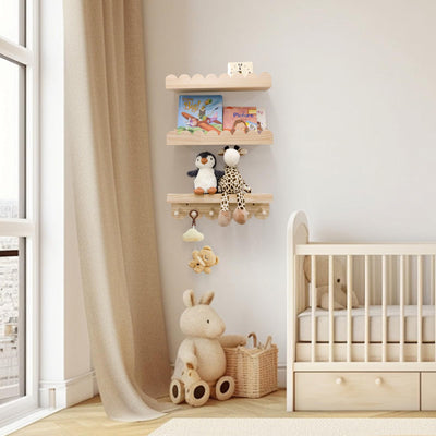 icnjdMopclean Nursery Shelves for Wall with Hooks-Scalloped Wall Book Shelves for Bedroom Kids Set of 3, Nursery Furniture Must Have, 16 Inch, Natural
