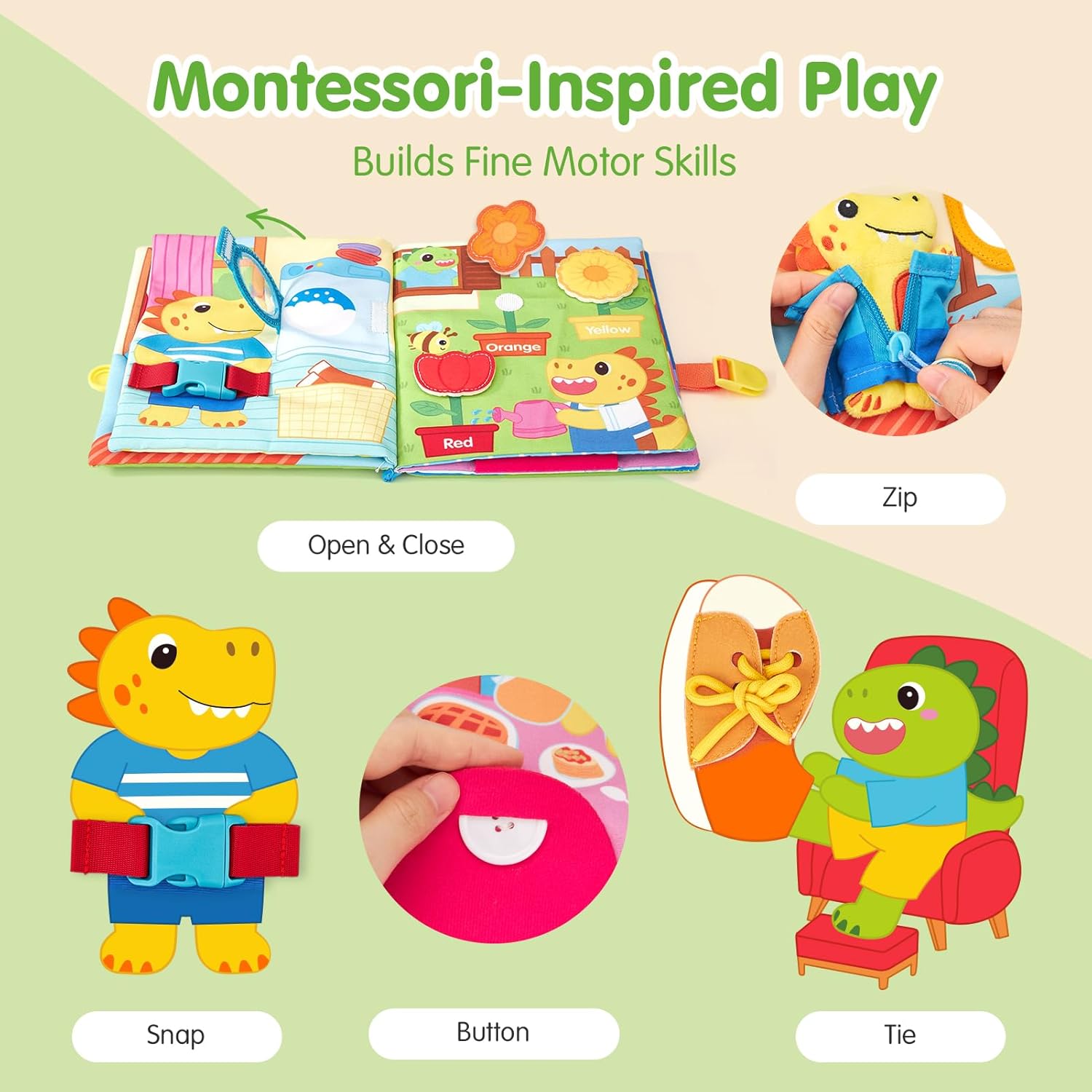 hahaland Busy Book for Toddlers 1-3 - Montessori Toys for 1 Year Old Boy Gifts, Sensory Toys, Dinosaur Soft Fabric Activity Book for Fine Motor Skills, Educational Learning Travel Baby Toys 1 Year Old