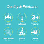 Dribbl 3-Wheel Kids Scooter - Lean-to-Steer Technology, Adjustable Height Handlebar, Wide Deck, Scooter for Boys & Girls Ages 3+, Child Safety Approved, Support Riders Up to 165 lbs, Aqua and Yellow