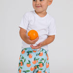 RUGGEDBUTTS Boys UPF50+ Sun Protection Fruits & Florals Swim Trunks - Blue Orange You The Sweetest, 12-18m