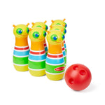 Colorful toy bowling set with caterpillar pins and a red ball on a white background