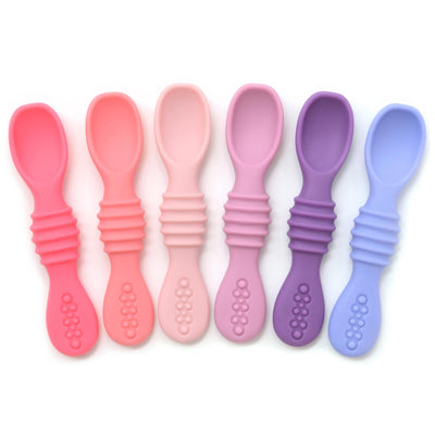 PrimaStella Silicone Chew Spoon Set for Babies and Toddlers | Safety Tested | BPA Free | Baby Spoon 6 Pack (Pink/Purple)