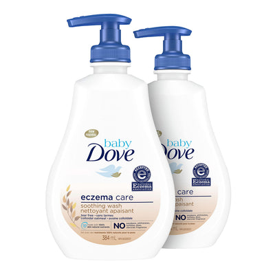 Two bottles of baby Dove eczema care wash on a white background