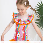 Kucnuzki Baby Girl Bathing Suit One Piece Swimsuit Orange Flower Bikini Set Baby 4T 5T Swimsuit Girls Toddler Ruffled Sleeveless Bathing Suits for Kids